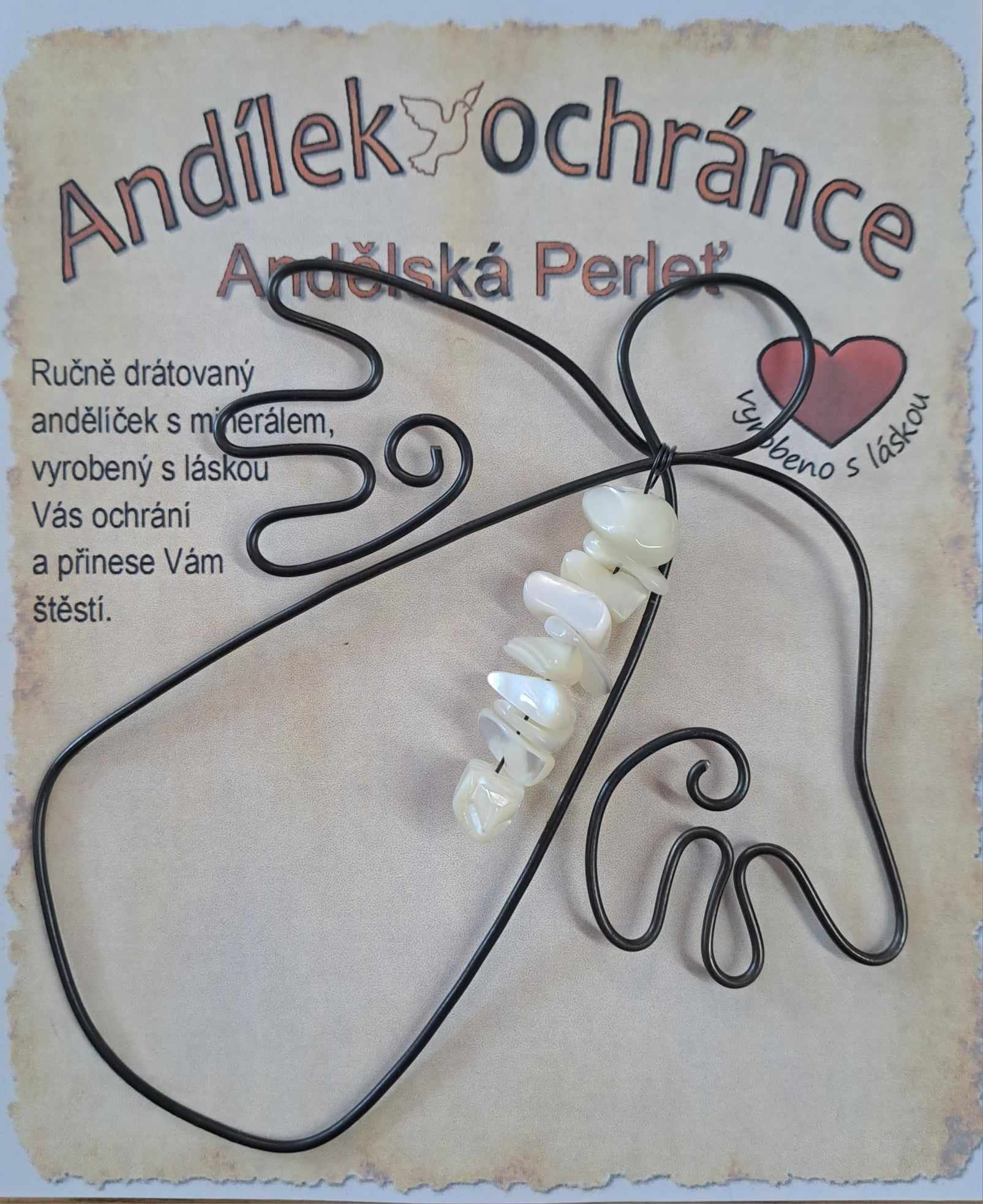 Drátěný Andílek ochránce s minerály Andělská perleť